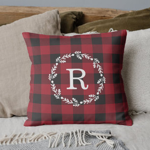 Coussin Russe Red Buffalo Check Christmas Wreath Initial