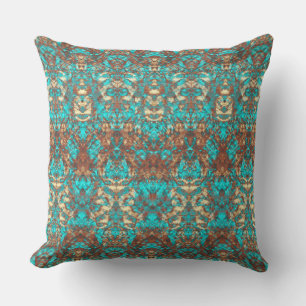 Coussin Rust Brown Turquoise Green Ornate Scratch Damask