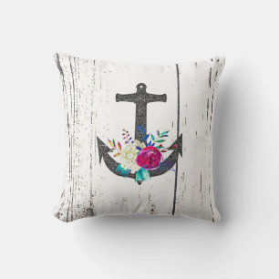 Coussin Rustic Beach Anchor & Bold Floral Summer Nautical