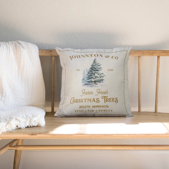 Coussin Rustic Burlap Gold Nom de famille Christmas Tree F (Créateur téléchargé)