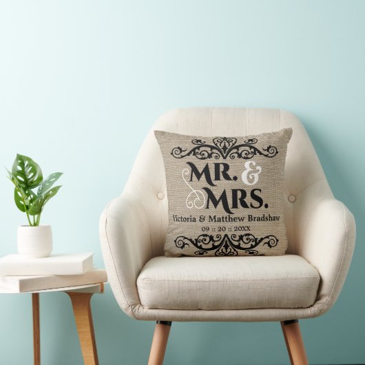 Coussin Rustic Burlap Regardez M. et Mme la Mariage (Chaise)