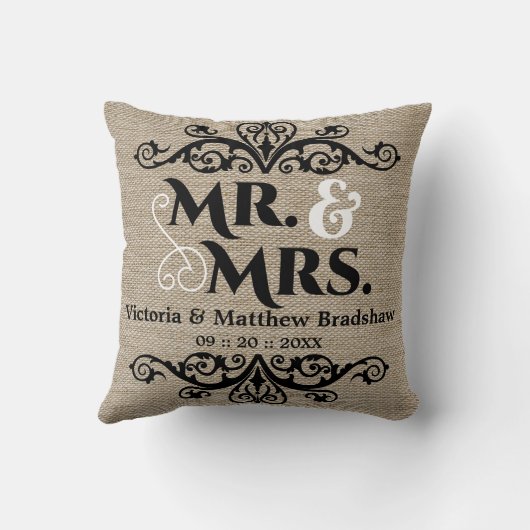 Coussin Rustic Burlap Regardez M. et Mme la Mariage (Verso)