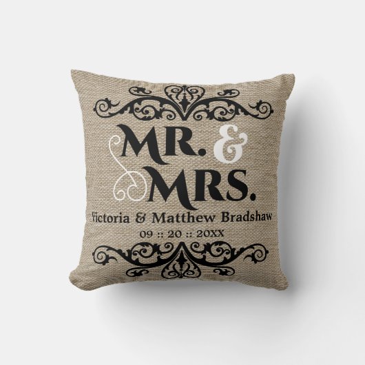 Coussin Rustic Burlap Regardez M. et Mme la Mariage (Recto)