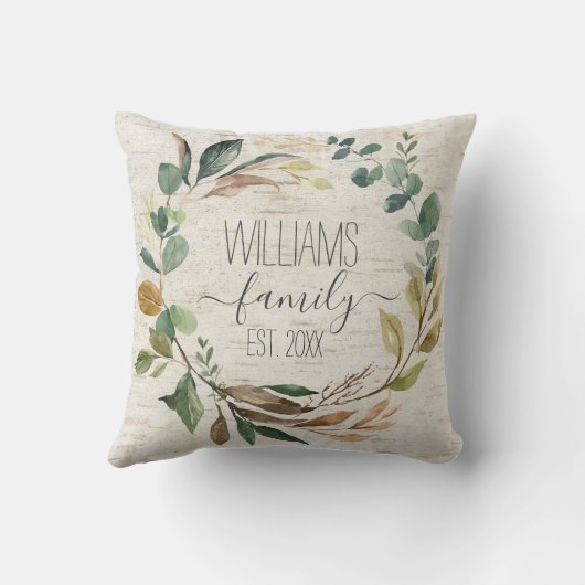 Coussin Rustic Chic Wreath Birch Nom de la famille (Verso)