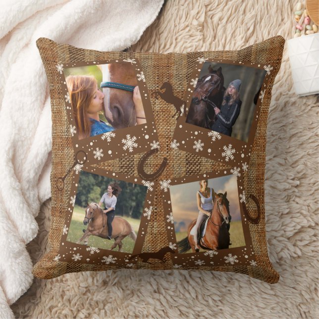 Coussin Rustic Faux Burlap Four Photo Collage Horse (Couverture)