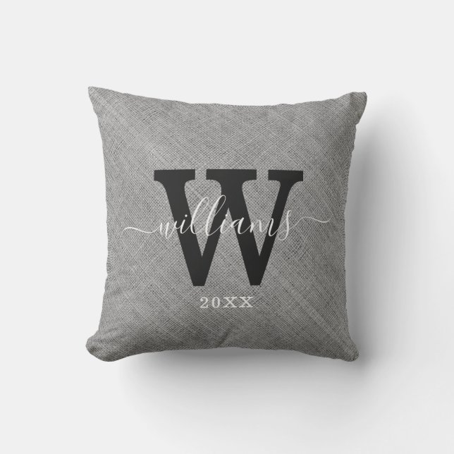 Coussin Rustic Grey Burlap Nom du script Famille Monogramm (Recto)