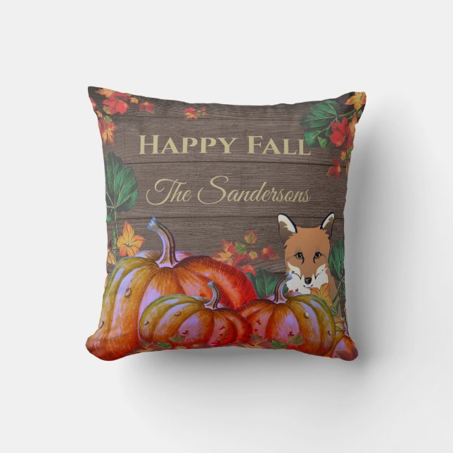Coussin Rustic Happy Fall Orange Citrouille Fall Fox Wood  (Recto)