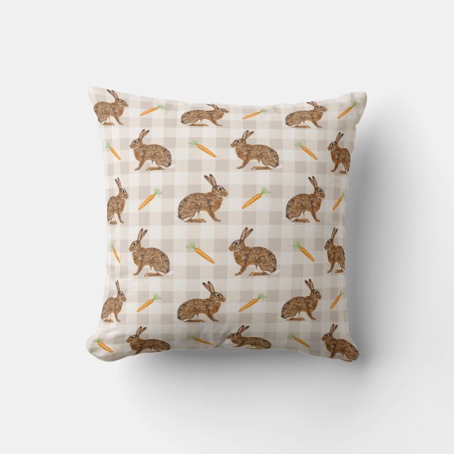 Coussin Rustic Hare And Carrot Beige Gingham Spring Easter (Recto)