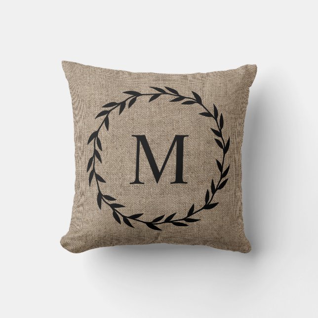 Coussin Rustic Laurel Wreath Farmhouse Style Monogramme T (Recto)