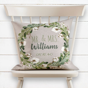 Coussin Rustic Linen Wreath Mr & Mrs Mariage Keepsaké