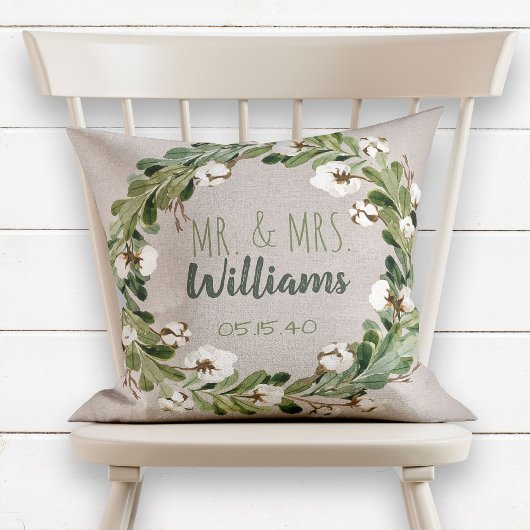 Coussin Rustic Linen Wreath Mr & Mrs Mariage Keepsaké