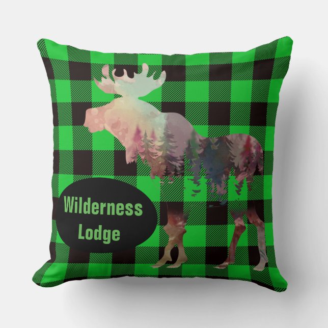 Coussin Rustic Moose Green Plaid Ajouter Nom Jeter Oreille (Recto)