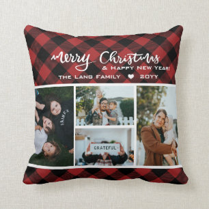 Coussin Rustic Red Black Buffalo Check Christmas Collage
