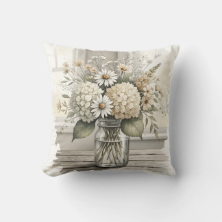 Coussin Rustic Watercolor Wildflowers in Mason Jar