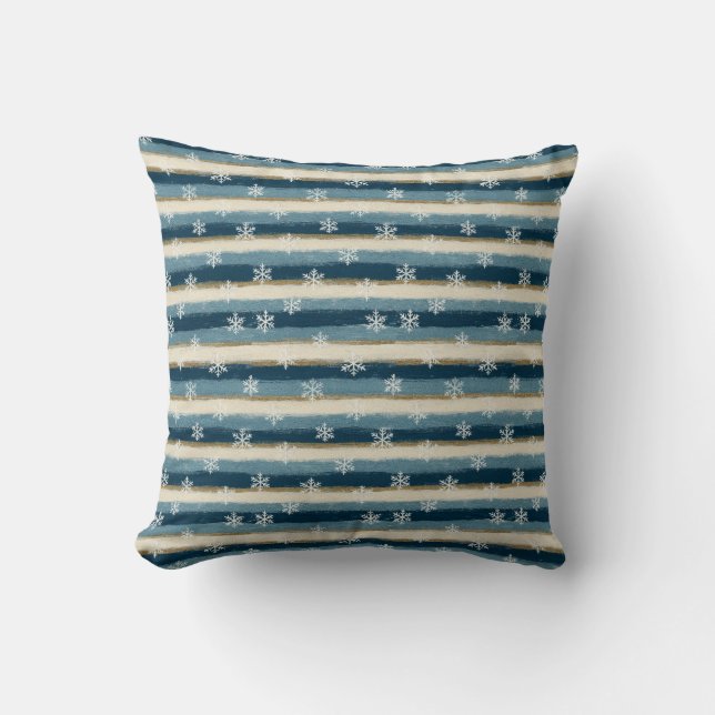 Coussin Rustic Winter Snowflakes Blue Gold Painted Stripes (Recto)