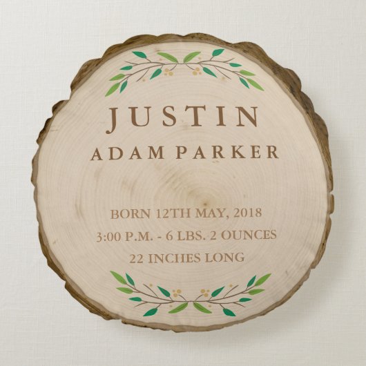 Coussin Rustic Wood Round Baby Stats (Devant)