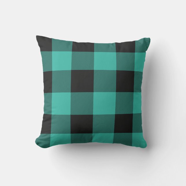 Coussin Rustique Aqua et Black Buffalo Check Plaid (Recto)