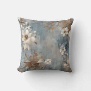 Coussin Rustique Bleu Brun Crème Floral Maison de Campagne
