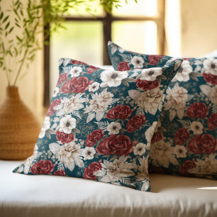 Coussin Rustique Bourgogne Rose Turquoise modèle floral