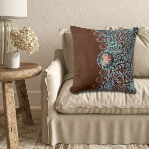 Coussin Rustique brun turquoise de l'ouest motif