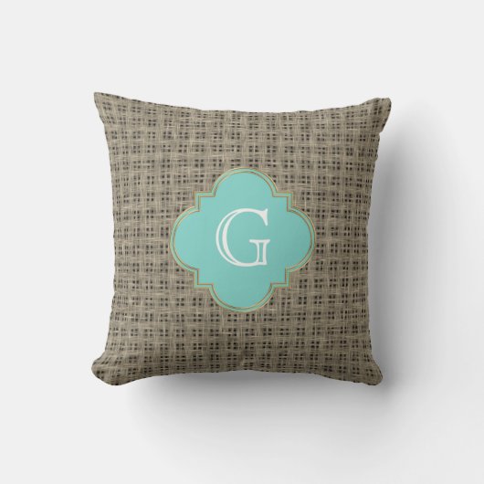Coussin Rustique Burlap Look, Monogramme Turquoise (Recto)