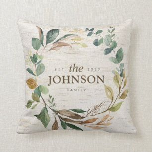 Coussin Rustique Chic Green Wreath Family Est. Monogramme