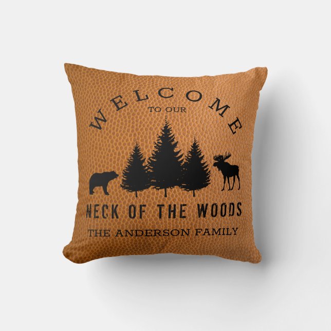 Coussin Rustique Faux Cuir Bienvenue Cabine Woods (Recto)