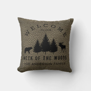 Coussin Rustique Faux Cuir Bienvenue Cabine Woods Famille