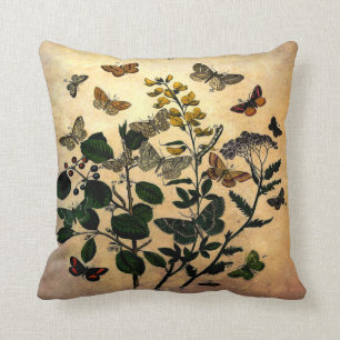 Coussin Rustique floral botanique vintage de papillons âg