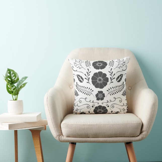 Coussin Rustique Noir Blanc Vintage Floral moderne (Chaise)