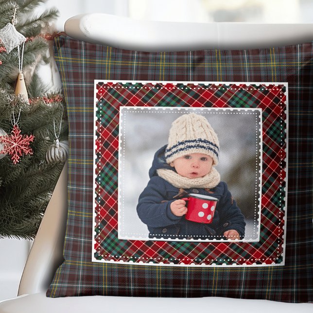 Coussin Rustique Plaid Photo Kids (Rustic Plaid Holiday Photo Kids Throw Pillow)
