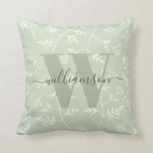 Coussin Rustique Sage vert Botanique Floral Monogramme
