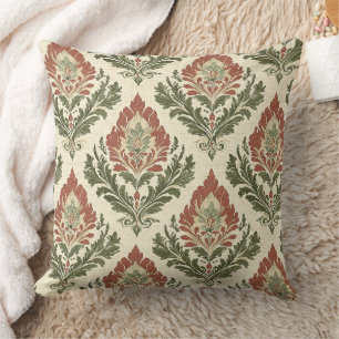 Coussin Rustique Vintage Damassé Rouge Vert Beige