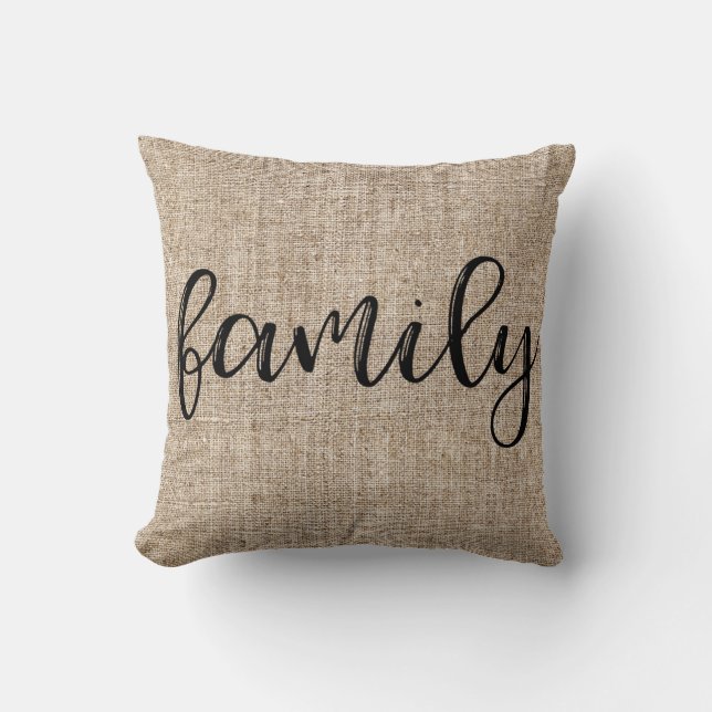 Coussin Sac de jute marron rustique de ferme FAMILLE (Recto)