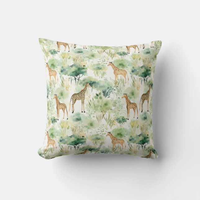 Coussin Safari Animaux - Giraffes Aquarelle Vert Beige (Recto)