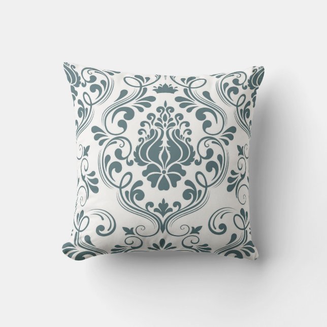 Coussin Sage bleu et blanc Damas motif floral élégant (Recto)