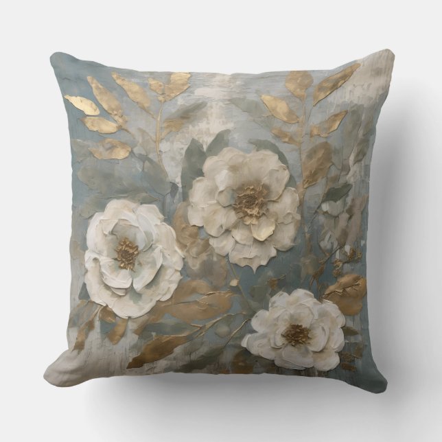 Coussin Sage Bleu Fumé Floral Rustique Or (Recto)