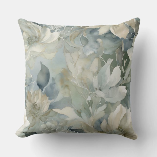 Coussin Sage bleu vert beige floral aquarelle (Recto)