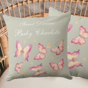 Coussin Sage Green Baby Girl Name Pink Butterfly Nursery