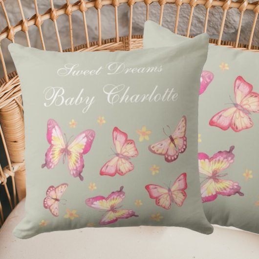 Coussin Sage Green Baby Girl Name Pink Butterfly Nursery