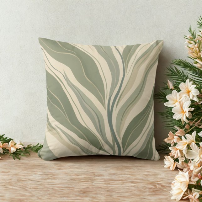 Coussin Sage Green et Crème Abstrait Feuille Motif (Sage green and cream abstract botanical leaves throw pillow )