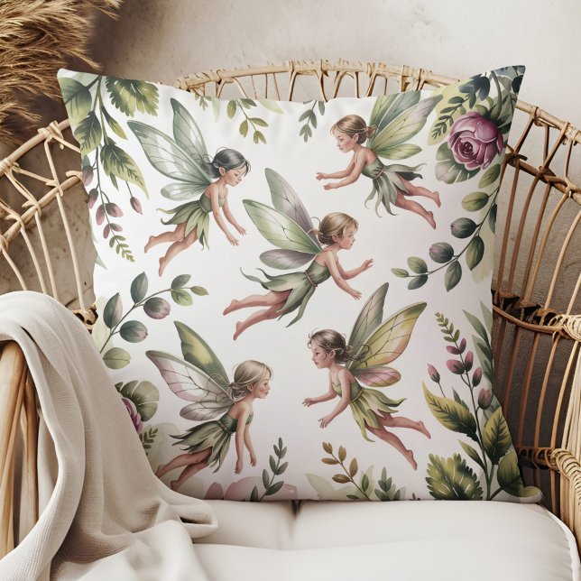 Coussin Sage Green Fairycore Botanical Throw Pillow (Sage Green Fairycore Botanical Throw Pillow in a boho neutral rattan armchair)