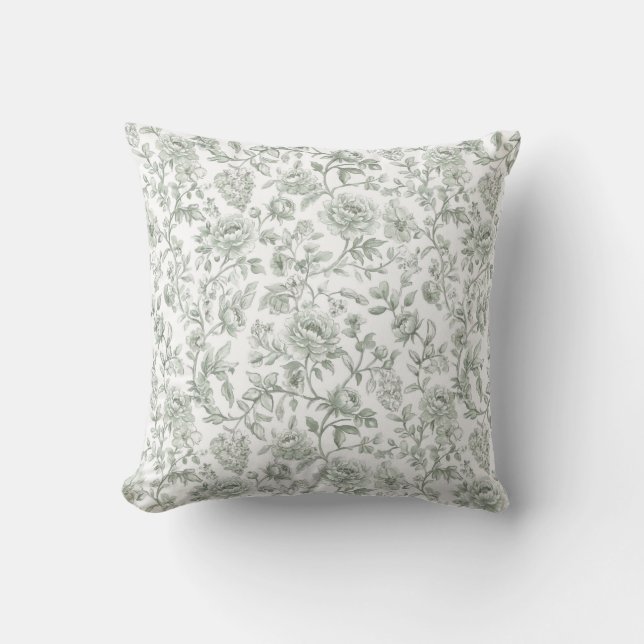 Coussin Sage Green Floral Vintage Toile Pattern  (Recto)
