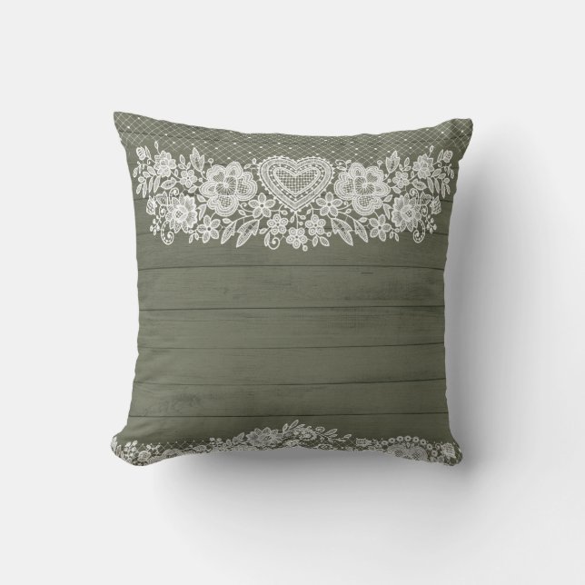 Coussin Sage Green Rustique Bois et blanc dentelle Lacy Fa (Recto)