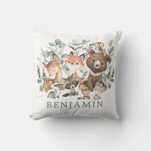 Coussin Sage Greenery Bois Forêt Animaux Baby Nursery (Recto)