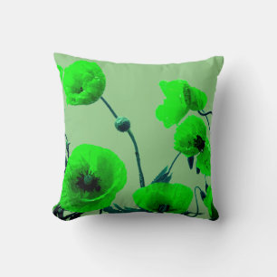 Coussin Sage Neon Vert Floral Aquarelle Pavot Fleurs