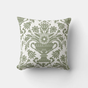 Coussin Sage vert et blanc Damas motif floral élégant
