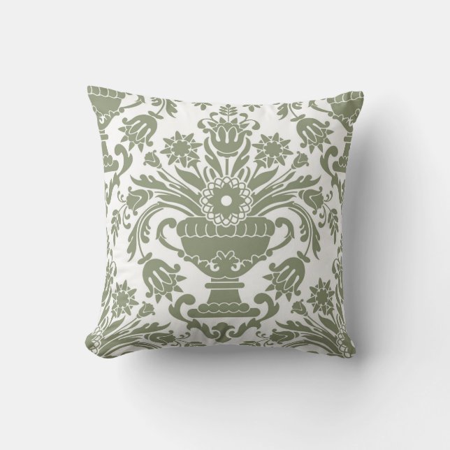 Coussin Sage vert et blanc Damas motif floral élégant (Recto)