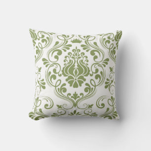 Coussin Sage vert et blanc Damas motif floral élégant