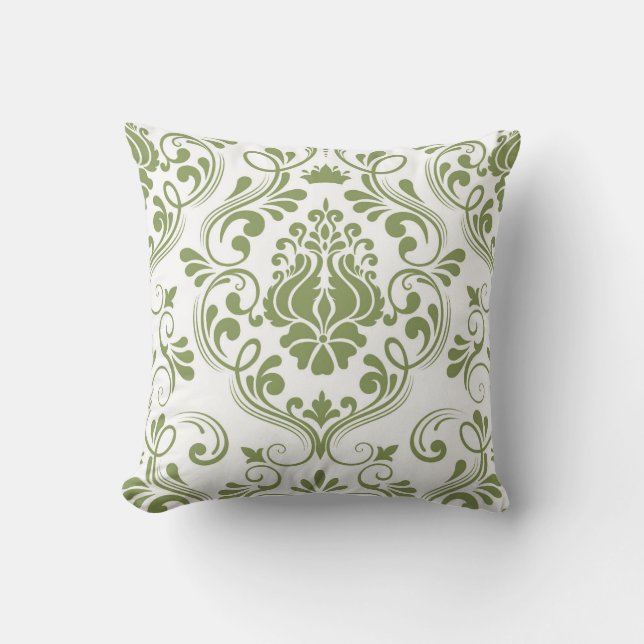 Coussin Sage vert et blanc Damas motif floral élégant (Recto)